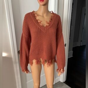 Rust Distressed V-Neck Sweater